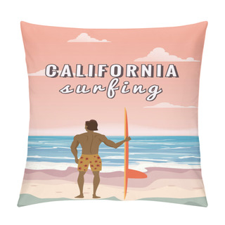 Personality  Surfer Standing With Surfboard On The Tropical Beach Back View. California Surfing Palms Ocean Theme. Vector Illustration Isolated Template Poster Banner Pillow Covers