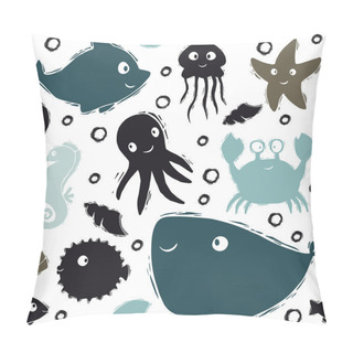 Personality  Sea Baby Cute Seamless Pattern. Sweet Dolphin, Jellyfish, Starfish, Seahorse, Octopus, Crab, Fugue Fish, Whale Print Pillow Covers