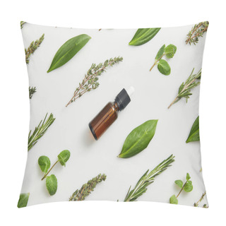Personality  Flat Lay With Bottle Of Essential Oil And Fresh Herbs On Grey Background Pillow Covers