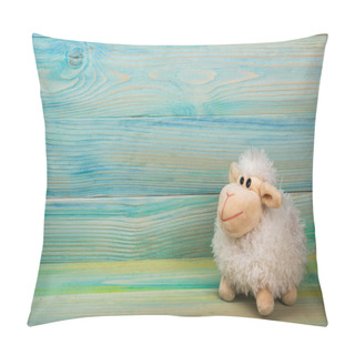 Personality  Home Interior. Childhood. Blue Background. Toy Sitting, Copy Space. Pillow Covers