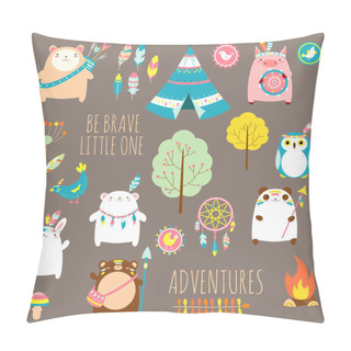 Personality  Be Brave Little One. Vector Set Of Cute Woodland Tribal Animals, Birds, Tent, Wigwam, Dream Catcher In Cartoon Style. EPS8 Pillow Covers