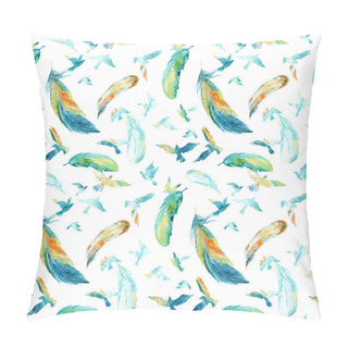 Personality  Watercolor Silhouettes Of Flying Birds And Feathers. Seamless Pattern Pillow Covers