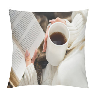 Personality  Cropped View Of Woman Reading Book While Holding Cup Of Warm Tea Pillow Covers