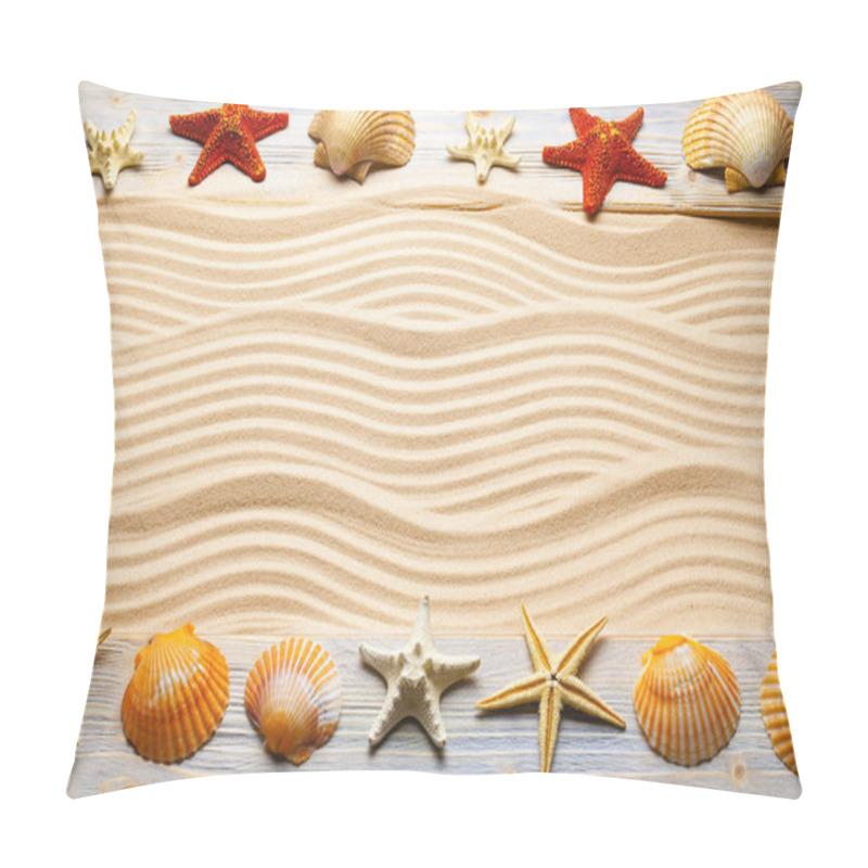 Personality  Starfish and shell on wooden planks and beach sand pillow covers