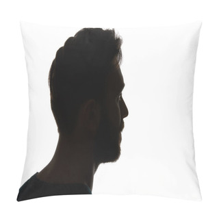 Personality  Silhouette Of Pensive Man Looking Away Isolated On White Pillow Covers