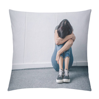 Personality  Depressed Lonely Brunette Woman Sitting On Floor At Home With Copy Space Pillow Covers