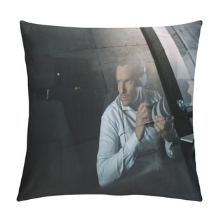 Personality  Male Private Detective In Headphones Doing Surveillance By Camera With Object Glass From Car Pillow Covers