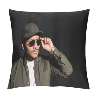 Personality  Eastern Hip Hop Performer In Cap Adjusting Sunglasses On Black Pillow Covers