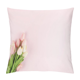 Personality  Gift Box With Bouquet Of Tulips On Pastel Pink Background. Pillow Covers