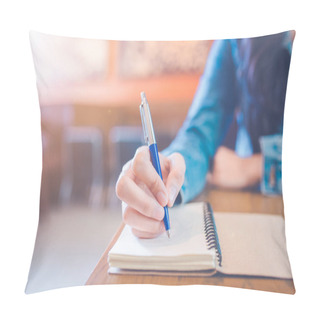 Personality  A Woman's Hand Is Writing In Empty Spiral Notepad With A Pen. Pillow Covers