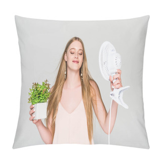 Personality  Beautiful Young Woman With Electric Fan And Flowerpot Suffering From Heat Isolated On Grey Pillow Covers