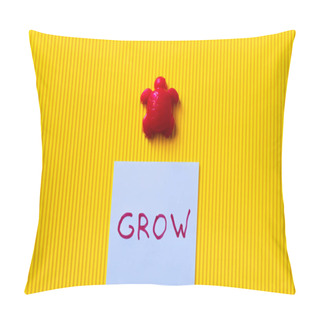 Personality  Top View Of Blue Card With Grow Lettering Near Red Toy Turtle On Yellow Background Pillow Covers