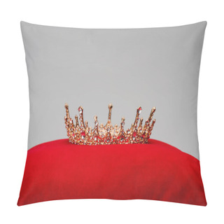 Personality  Luxury Royal Crown On Red Velvet Cushion Isolated On Grey Pillow Covers