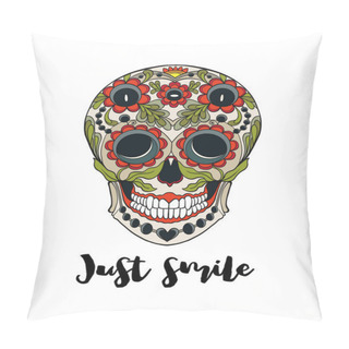 Personality  Human Sugar Skull  With Just Smile  Slogan.  Good For Print On T-shirts, Bags, Covers.  Vector Illustration.  Pillow Covers