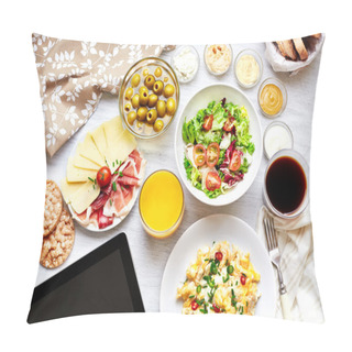 Personality  Fresh Continental Breakfast. Healthy Food. Tablet, Black Screen. Pillow Covers
