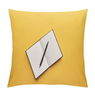 Personality  Top View Of Opened Notebook And Pen On Yellow Surface Pillow Covers