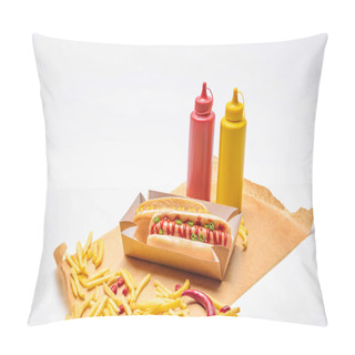 Personality  Close-up Shot Of Hot Dogs With French Fries, Mustard And Ketchup On Paper On White Surface Pillow Covers