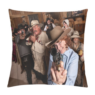 Personality  Smiling Older Woman Points Gun Pillow Covers