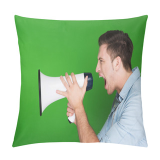 Personality  Angry Young Man Yelling Into A Megaphone Pillow Covers