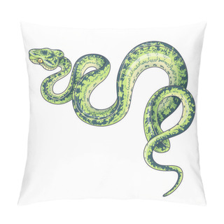 Personality  Hand Drawn Creeping Garden Tree Boa Isolated On White Background. Vector Green Winding Spotted Snake, Side View. Animalistic Illustration In Vintage Style, T-shirt Design, Tattoo Art. Pillow Covers
