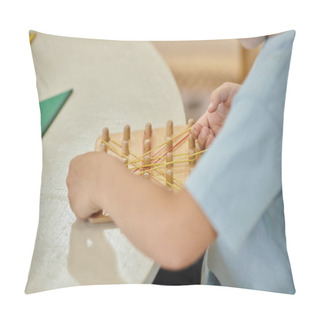 Personality  Cropped View Of Boy Playing With Rubber Bands And Wooden Sticks On Table In Montessori School Pillow Covers