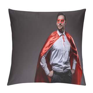 Personality  Handsome Super Businessman In Mask And Cape Standing With Hands Akimbo Isolated On Black Pillow Covers