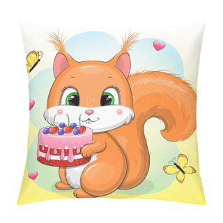 Personality  Cute Cartoon Baby Squirrel With A Birthday Cake. Vector Animal Illustration With Hearts And Butterflies. Pillow Covers