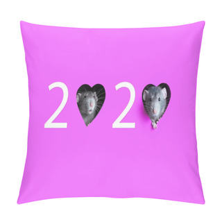 Personality  The Number 2020 Is Made Of Numbers And Mink Hearts From Which Rats Peep. Magenta Background. The Rat Is A Symbol Of 2020. Copy Space. Chinese New Year. Pillow Covers