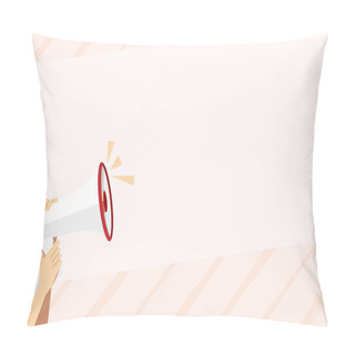 Personality  Human Hand Holding Tightly The Megaphone With Volume Icon. Blank Word Space For Announcement And Promotions. Loudhailer Grasp By Person With Sound And Empty Room For Text Graphics. Pillow Covers