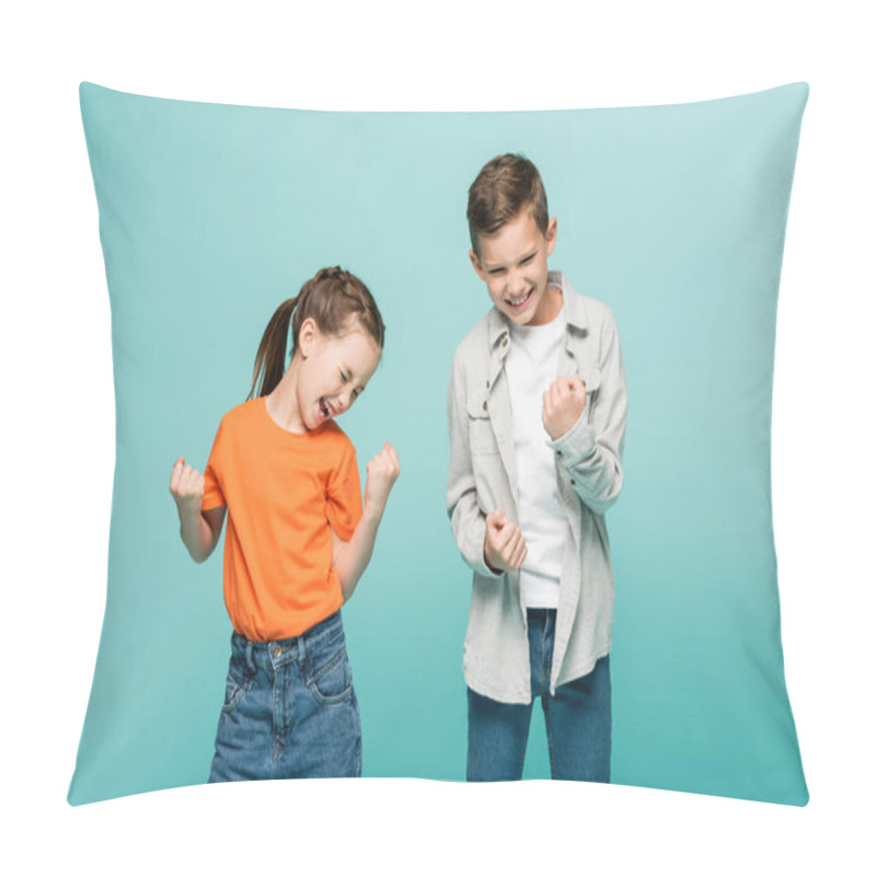 Personality  excited kids with closed eyes rejoicing isolated on blue  pillow covers