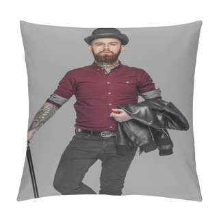 Personality  Bearded Tattooed Guy With Walking Stick Pillow Covers