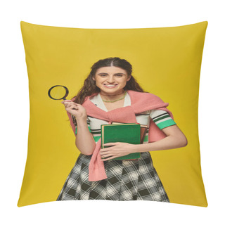 Personality  Happy Young Woman Holding Books And Magnifier, Zoom, Discovery, Student In College Outfit, Smile Pillow Covers