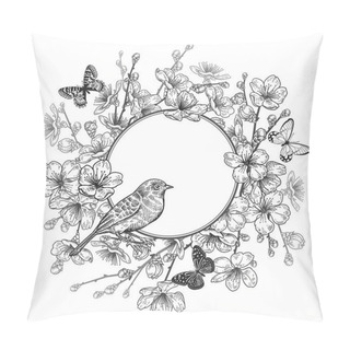 Personality  Branches Of A Japanese Cherry Tree, Bird And Butterflies. Vintag Pillow Covers