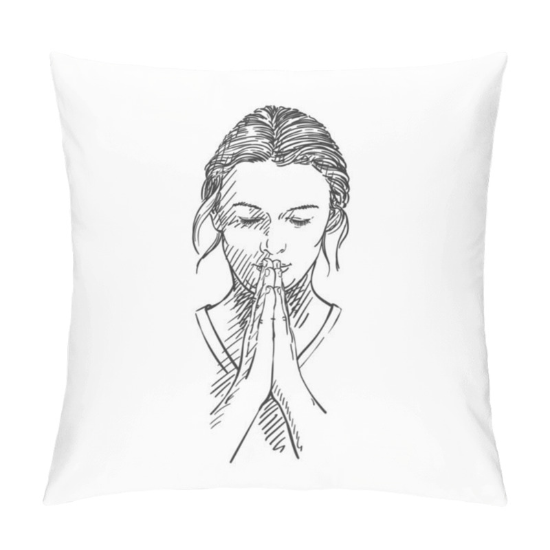 Personality  Sketch Of Woman Praying With Hands Folded In Worship, Eyes Closed In Hope, Hand Drawn Vector Illustration With Hatched Shades Pillow Covers