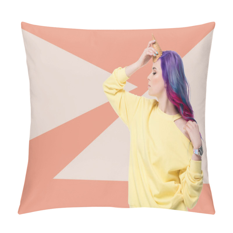 Personality  stylish young woman pretending unicorn with waffle cone on forehead on creative background pillow covers