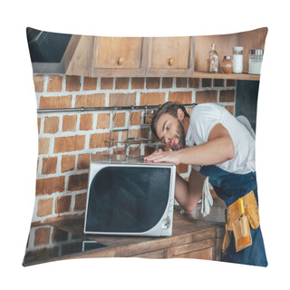Personality  Young Handyman Repairing Microwave Oven In Kitchen Pillow Covers