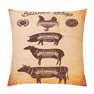 Personality  Vector Diagram Cut Carcasses Chicken, Pig, Cow, Lamb Pillow Covers