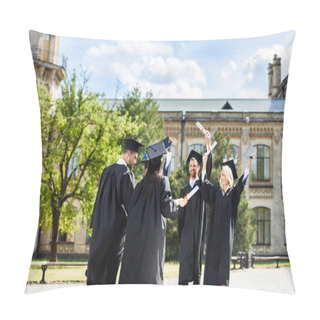 Personality  Young Graduated Students With Diplomas Greeting Each Other In College Garden Pillow Covers