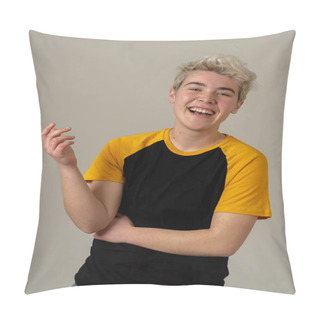 Personality  Portrait Of Attractive Stylish Fashion Teenager Confident And Happy With His Gender Identity. Trans Boy Posing In Cool Urban Fashion T Shirt. In Beauty, Transgender People And Equality Concept. Pillow Covers