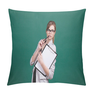 Personality  Teacher With Papers In Green Boards Pillow Covers