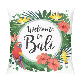 Personality  Tropical Beautiful Plants Flowers And Exotic Bird Frame Poster Print Abstract Vector Illustration. Hawaiian Party.  Pillow Covers