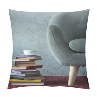 Personality  Stack Of Books And Cup Of Coffee On Burgundy Carpet Near Grey Armchair In Office Pillow Covers