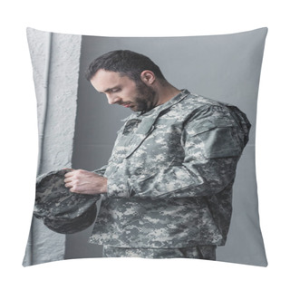 Personality  Sad Bearded Man In Military Uniform Standing With Bowed Had And Holding Cap In Hands Pillow Covers