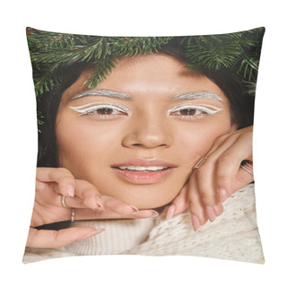 Personality  Winter Beauty, Close Up Of Happy Asian Woman With Green Wreath Posing In Scarf And Looking At Camera Pillow Covers