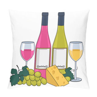 Personality  Bottle Of Rose Wine And A Bottle Of White Wine, Wine In Glasses, Cheese And Grapes. With An Outline. Vector Graphic. Pillow Covers