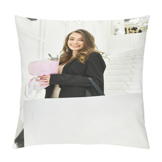 Personality  Young Brunette Bride Holding A Bouquet Of Flowers In A Wedding Salon. Pillow Covers