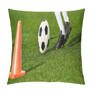 Personality  A Person Demonstrates Their Soccer Skills By Kicking A Soccer Ball Around A Cone Placed On A Field. The Player Shows Precision And Agility In Maneuvering The Ball Around The Obstacle. Pillow Covers