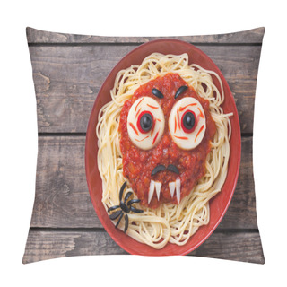 Personality  Halloween Party Decoration Food. Spaghetti Monster Face With Big Eyeballs, Fangs, Spider And Moustaches In Red Dish On Vintage Wooden Table Background Pillow Covers
