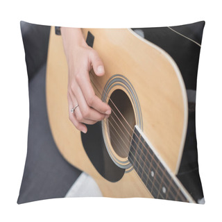 Personality  Cropped View Of African American Woman Playing Acoustic Guitar On Couch  Pillow Covers