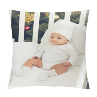 Personality  High Angle View Of Beautiful Little Baby In White Hat Sitting In Crib Pillow Covers